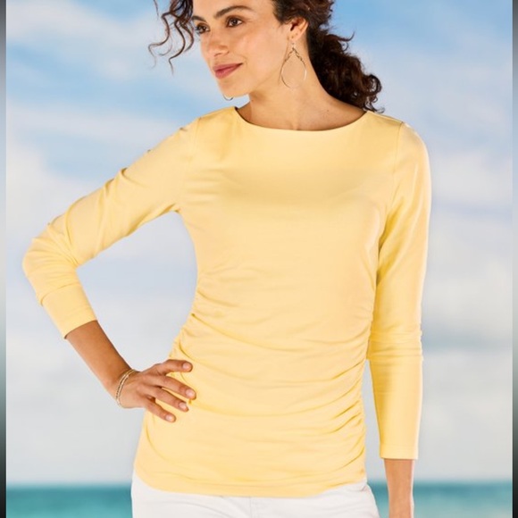 SOFT SURROUNDINGS Josephine Ruched Striped Boatneck Long Sleeve Tee Medium - Picture 2 of 7